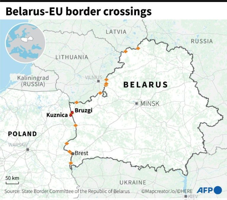Map showing the border crossing points between Belarus and the three EU countries of Poland, Lithuania and Latvia.