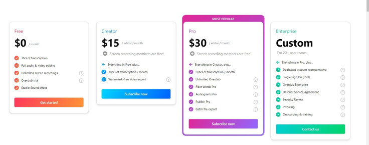 Descript's affordably priced plans