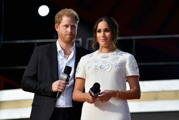 Britain's Prince Harry and Meghan Markle speak during the 2021 Global Citizen Live festival in New York City