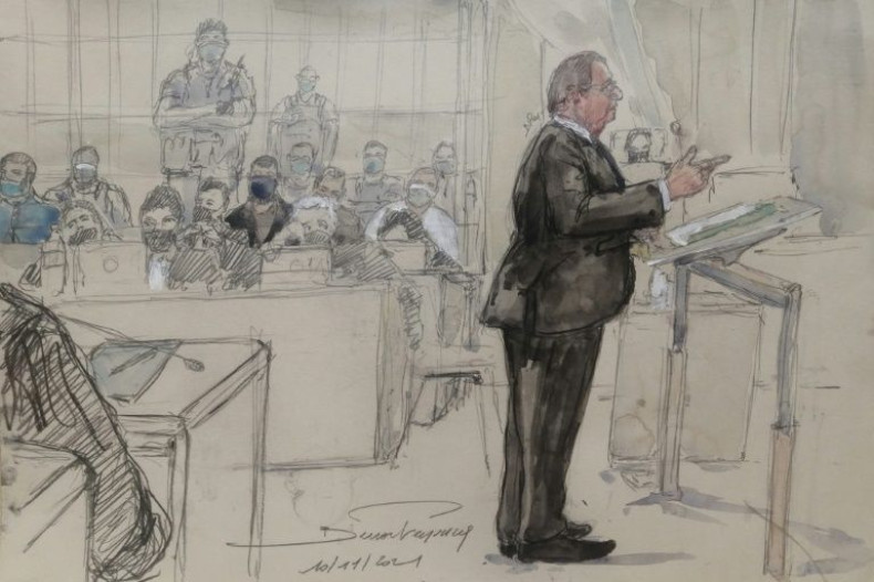 A court sketch of Hollande testifying
