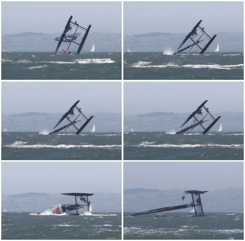 Combo photo shows Oracle Racing AC45 boat capsizing in San Francisco Bay