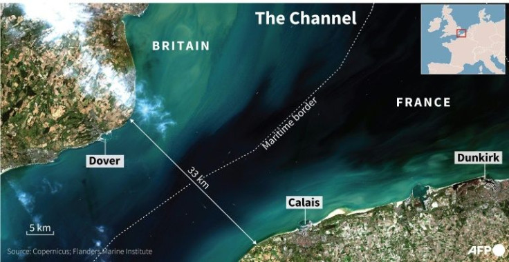 Satellite image and map of the Channel between Britain and France.