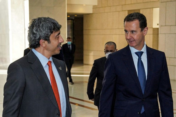 Syria's President Bashar al-Assad (right) receives the United Arab Emirates' Foreign Minister Sheikh Abdullah bin Zayed Al-Nahyan in the capital Damascus on November 9, 2021