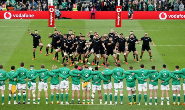 New Zealand's players perform the haka in front of Ireland's players before the start of the Test in Dublin
