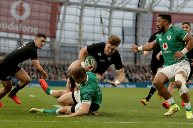 New Zealand's full-back Jordie Barrett is tackled against Ireland in Dublin