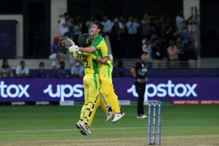 Celebrate: Australia's Glenn Maxwell (left) and Mitchell Marsh celebrate