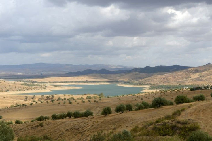 A picture taken on October 13, 2021 shows the empty Sidi Salem dam in the northern Tunisian area of Testour, in the Beja province
