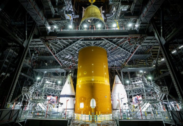 Part of NASA's giant SLS rocket which will be used for the Artemis mission to return humans to the Moon