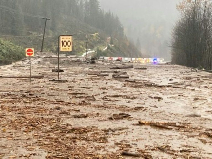 This handout photo taken and released by the British Columbia Ministry of Transportation and Safety shows a mudslide closing Highway 1 between Popkum and Hope, east of Chilliwack, Canada