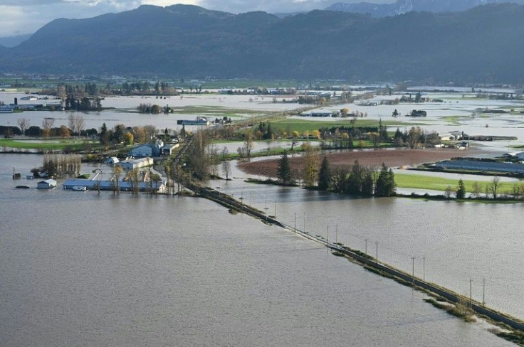 This aerial handout image taken and released by the City of Abbotsford in Canada shows flooding on the Sumas Prairie