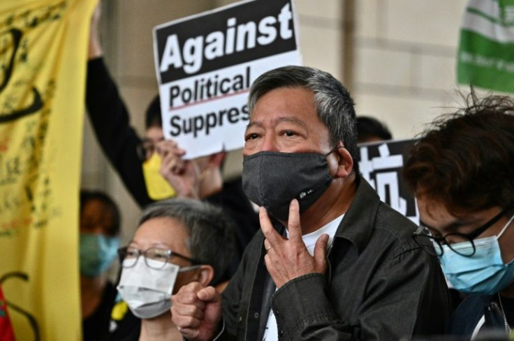 Veteran democracy activist Lee Cheuk-yan (C, pictured in April 2021) invoked Mahatma Gandhi in a speech in court defending his decision to take part in a banned Tiananmen vigil