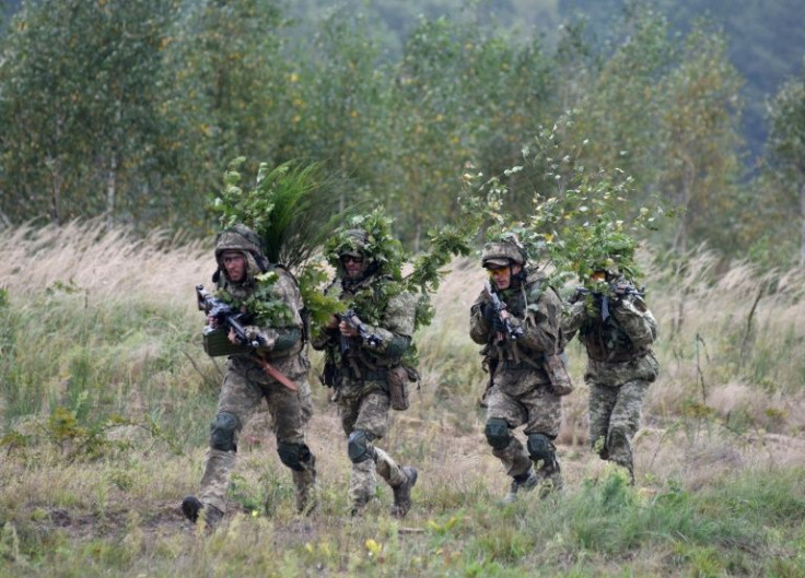 Ukrainian troops take part in military exercises with NATO countries near Lviv on September 24, 2021