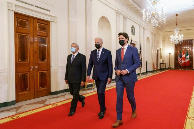 US President Joe Biden (C) hosted Canada's Prime Minister Justin Trudeau (R) and Mexico's President Andres Manuel Lopez Obrador (L) at the White House on November 18, 2021