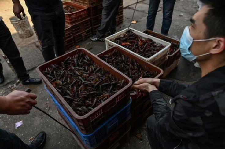 This photo taken on April 15, 2020 shows a man wearing a face mask as he offers prawns for sale at the Wuhan Baishazhou Market in Wuhan in China's central Hubei province