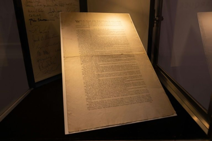 An oritinal copy of the US Constitution is displayed during an auction at Sotheby's in New York on November 18, 2021