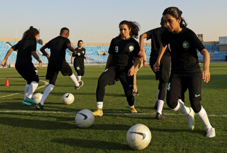 Players of the first Saudi Women's National Football Team train in Riyadh on November 2