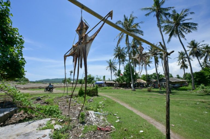A squid is hung to dry on village land surrounded by the race track