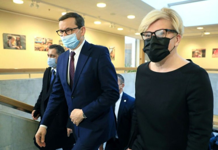 'We need to increase pressure' on Minsk, said Lithuanian PM Ingrida Simonyte, right, shown with her Polish counterpart Mateusz Morawiecki