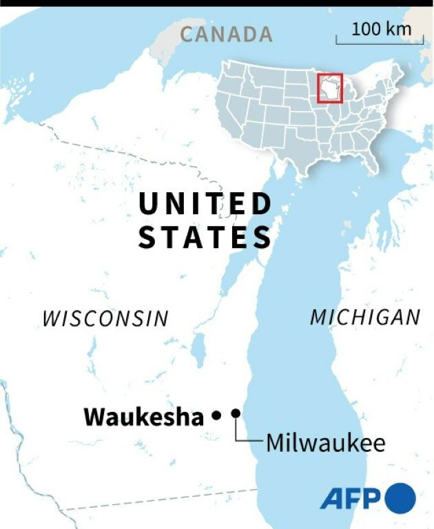 Map of the US, locating Waukesha in Wisconsin, where a car plowed into a Christmas parade on Nov 21 injuring more than 20 people, with "some fatalities"