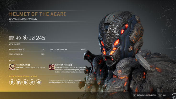The Helmet of the Acari legendary armor piece from Outriders