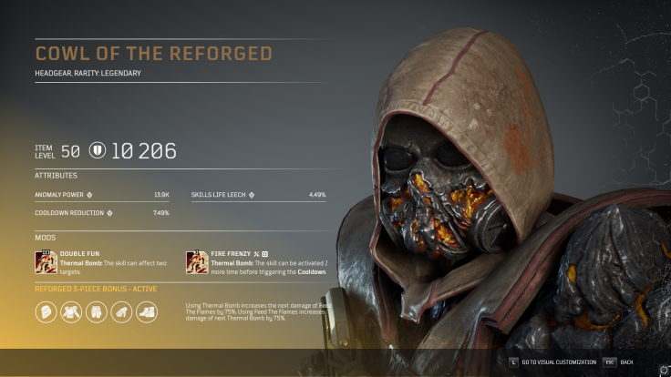 The Cowl of the Reforged legendary armor piece from Outriders