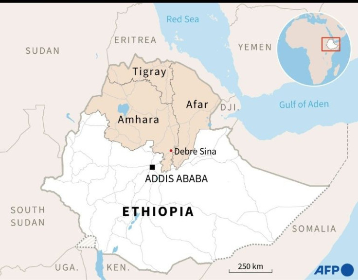 Map of Ethiopia locating northern regions Amhara, Tigray and Afar, and Debre Sina