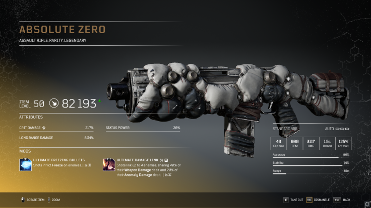 The Absolute Zero legendary assault rifle from Outriders