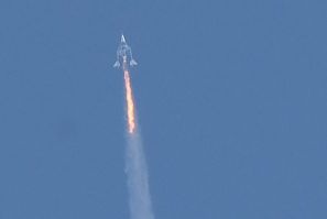 In this photo taken on July 11, 2021 The Virgin Galactic SpaceShipTwo space plane Unity and mothership separate as they fly way above Spaceport America, near Truth and Consequences, New Mexico on the way  to the cosmos.