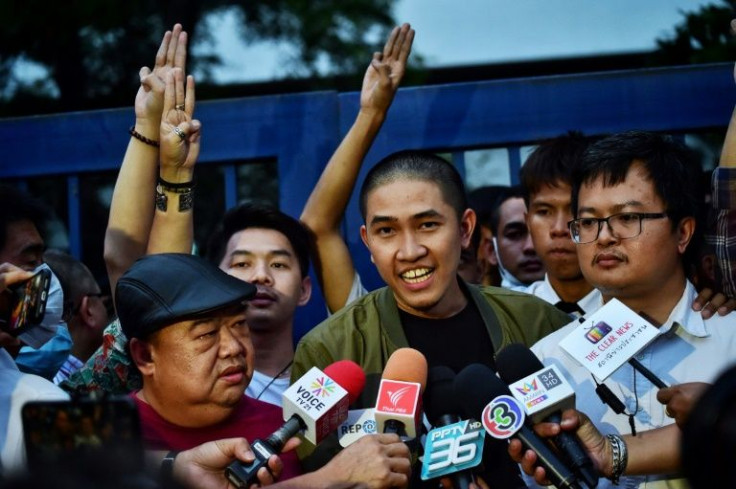 Dechathorn 'Hockhacker'Â Bamrungmuang (centre) and Rap Against Dictatorship took a high-profile role in the protests that shook Bangkok last year