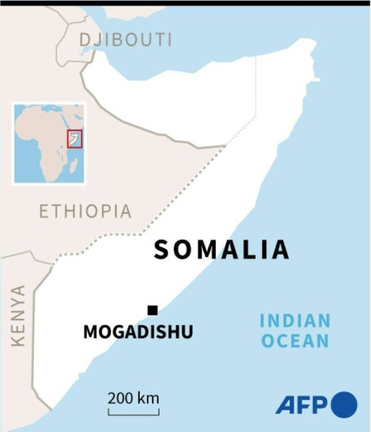 Map of Somalia locating Mogadishu, where a bombing claimed by Al-Shabaab jihadists took place near a school