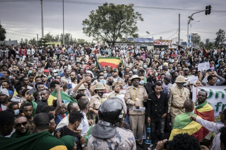 Crowds gathered outside the British embassy in Addis Ababa during a 'No More' protest against alleged foreign meddling and 'fake news'