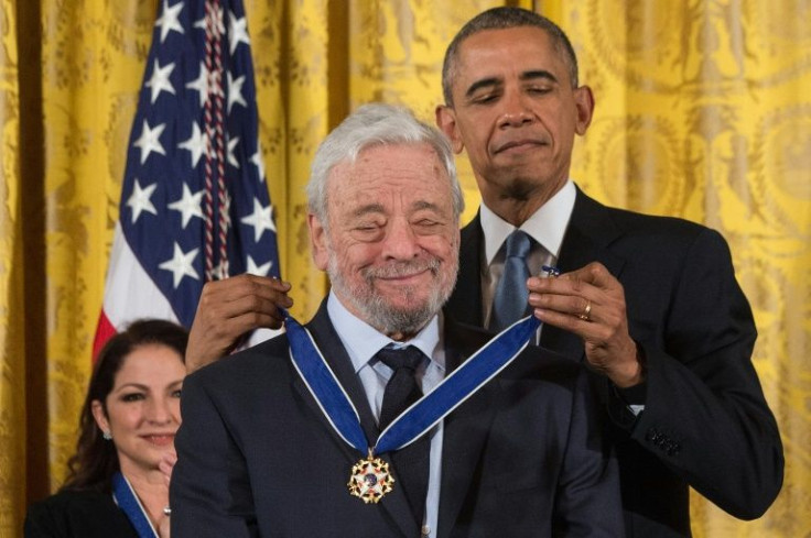 Then-US president Barack Obama presents the Presidential Medal of Freedom to Broadway composer and lyricist Stephen Sondheim at the White House in Washington, DC, on November 24, 2015
