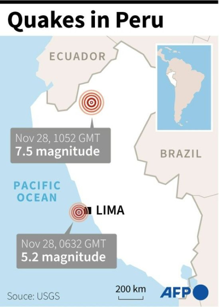 This map of Peru locates the quakes which struck on November 28, 2021, causing injuries and damage