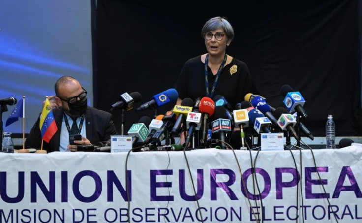 The chief of the EU observation mission in Venezuela, Portuguese Isabel Santos, speaks to the press in Caracas on November 23, 2021.Santos said Tuesday that irregularities were identified in SundayÂ´s governors and mayors election in spite of "better cond