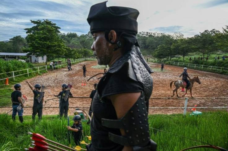 Riders at the tournament try to hit nine targets within 30 seconds as they gallop along a 200-metre (650-foot) track