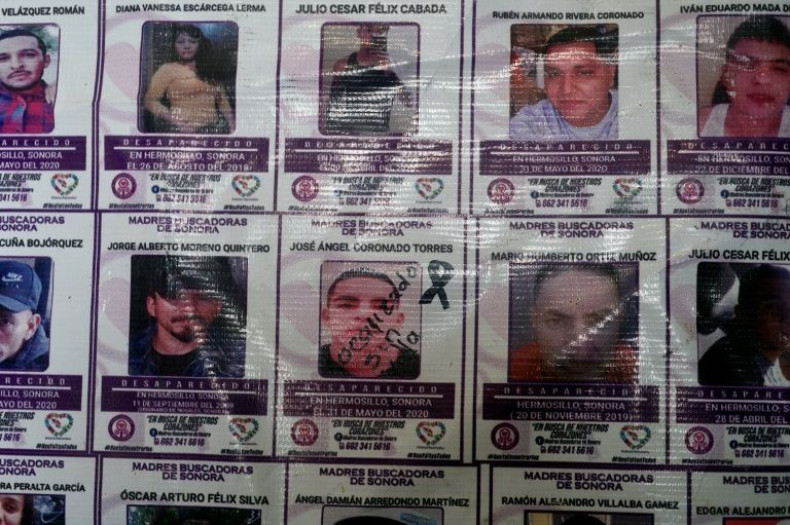 The names and pictures of missing persons are displayed at the offices of a group of relatives in the northwestern Mexican city of Hermosillo