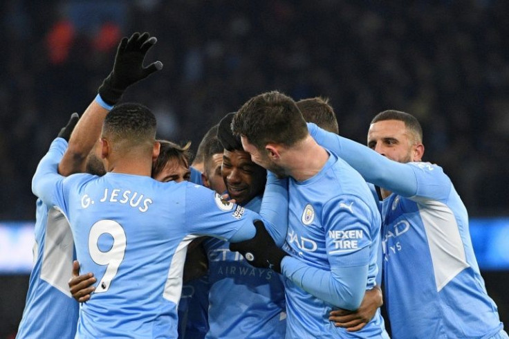 Fernandinho was mobbed by his Manchester City teammates after scoring his side's second goal against West Ham
