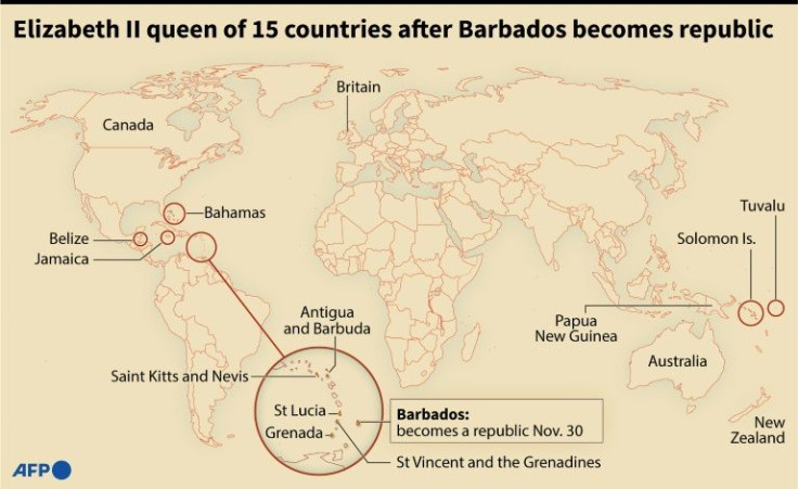 World map locating the 15 countries where Elizabeth II is queen after Barbados becomes a republic