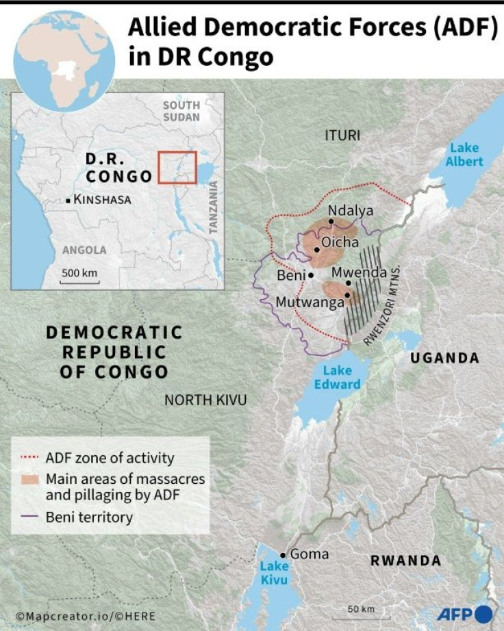 Map showing the zone of activity of the armed group Allied Democratic Forces (ADF), in the Democratic Republic of Congo.