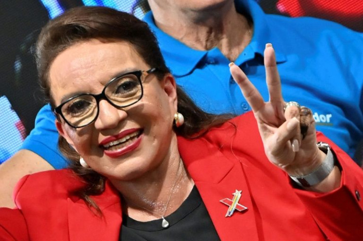 Honduran presidential candidate for the Libertad y Refundacion (LIBRE) party, Xiomara Castro, celebrates at the party's headquarters