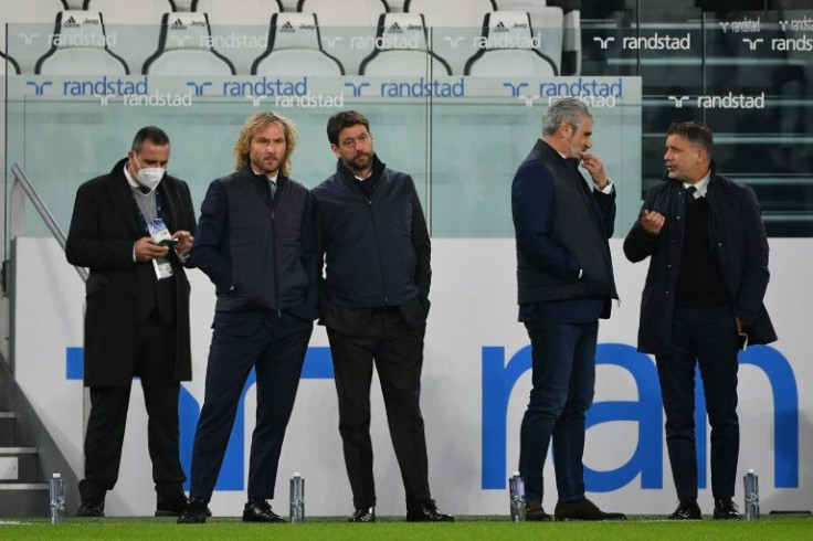 Juventus Vice-president Pavel Nedved (2ndL) and president Andrea Agnelli (3rdL) look on prior to the Serie A game against Fiorentina last month