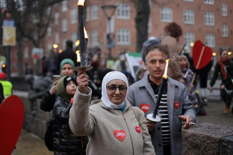 Bilal Alkale and his wife Sawsan Doungham joined a Copenhagen protest against deportations as they are among the hundreds of Syrian refugees whose temporary residency permits have been revoked -- though they can't be deported