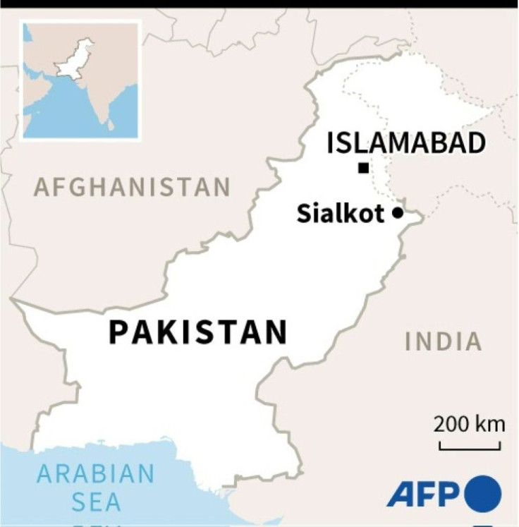 Map locating the Pakistani town of Sialkot, where a Sri Lankan factory manager was beaten to death and set on fire on December 3, 2021 by a crowd
