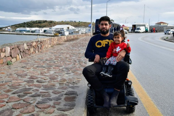 Migrants at the the temporary camp of Mavrovouni on the Greek island of Lesbos