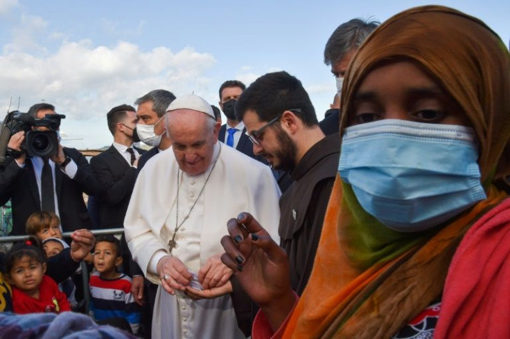 Pope Francis meets refugees in Mytilene on the island of Lesbos