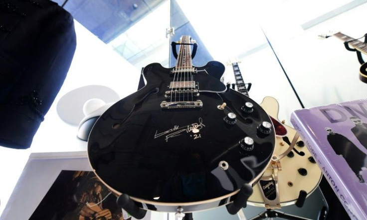 Rolling Stones guitarist Keith Richards' signed Gibson Es-355 is on display at Julien's Auctions in Beverly Hills, California