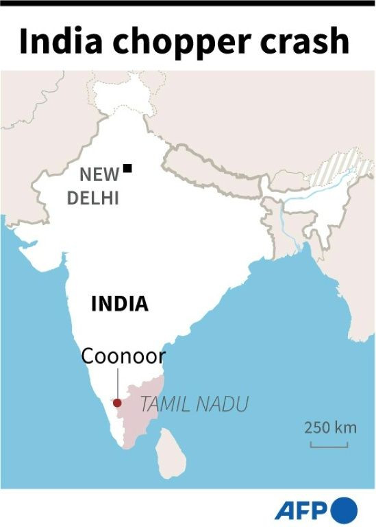 Map locating Coonoor in Tamil Nadu, near the site where a helicopter carrying India's defence chief General Bipin Rawat crashed on December 8