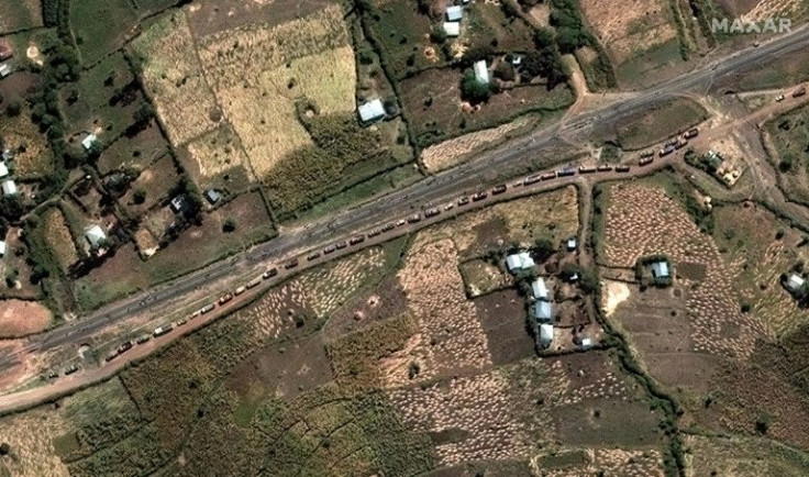 This satellite image released by Maxar Technologies on December 7, 2021, reportedly shows Ethiopian troops and military equipment as they move north toward Kombolcha and Dessie, Ethiopia, on December 5, 2021