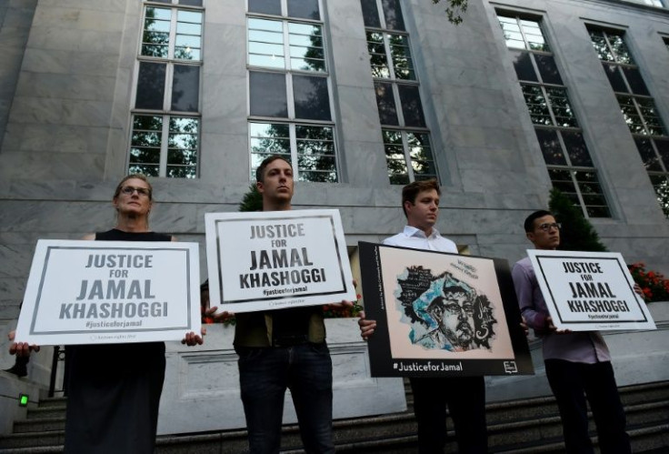 People protest in front of the Embassy of Saudi Arabia in Washington, DC for Jamal Khashoggi, a Saudi journalist killed by a team of assassins at the Saudi Arabian consulate in Istanbul in 2018