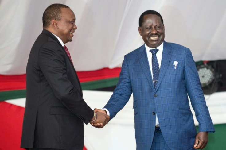 'The handshake': In May 2018, Kenyans were stunned when Kenyatta, left, and Odinga, signalled their rapprochement at the country's annual prayer breakfast